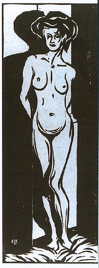 Ernst Ludwig Kirchner Nude young woman in front of a oven - Woodcut - Museumslandschaft Hessen, Kassel oil painting image